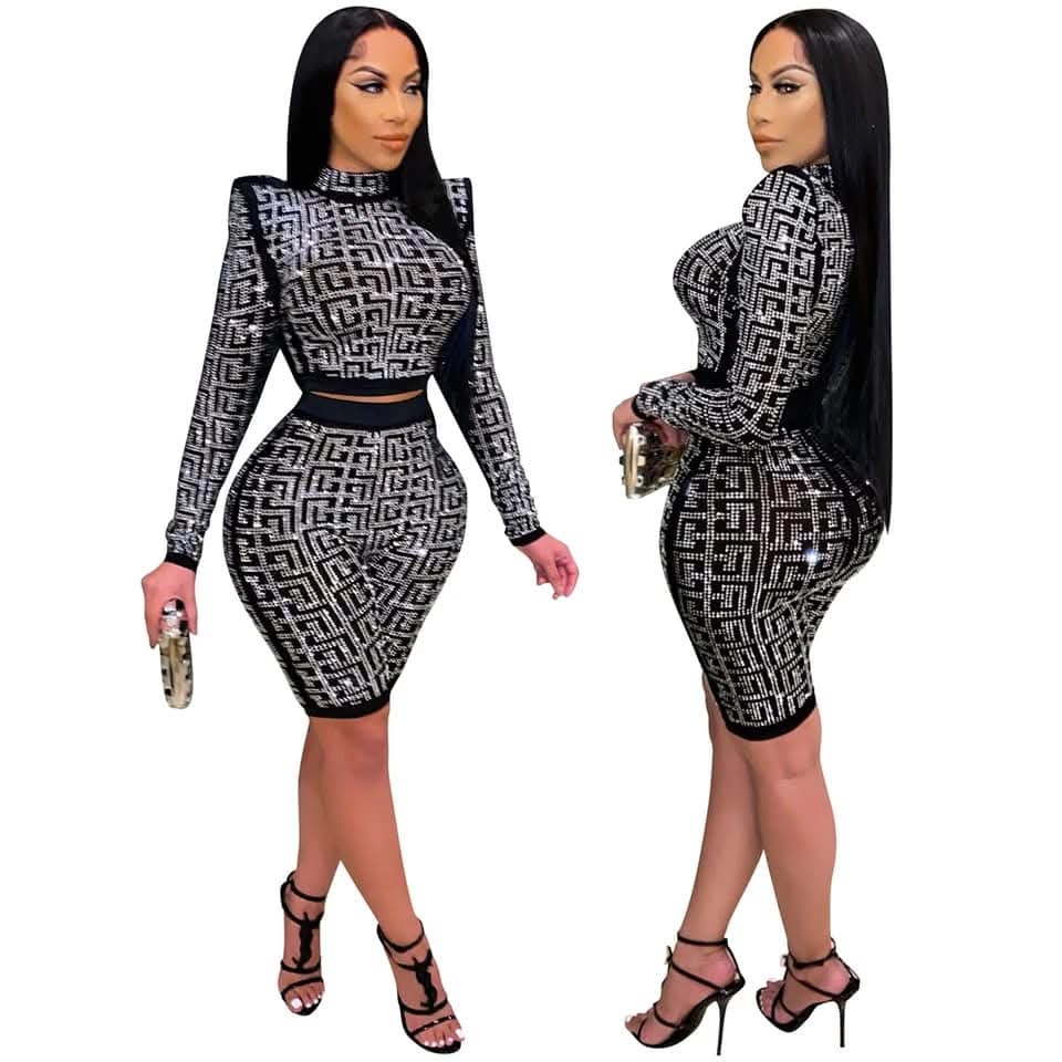 Black & Silver Geometric Studded Power Shoulder Top and Bodycon Pant Set