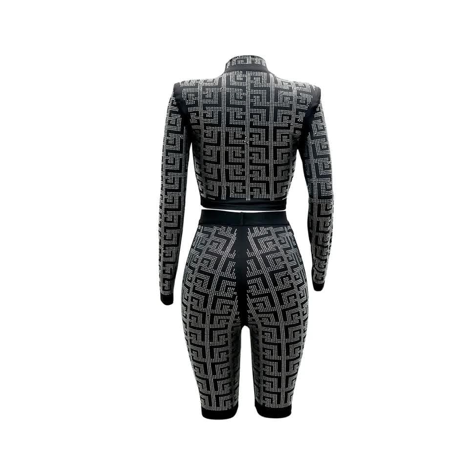 Black & Silver Geometric Studded Power Shoulder Top and Bodycon Pant Set