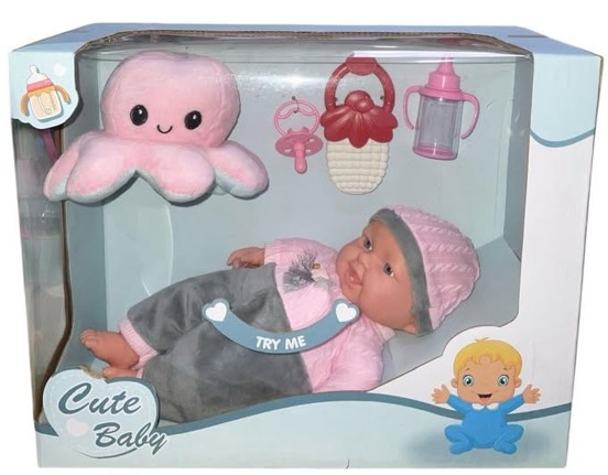 Cute Baby Doll & Pink Octopus Plush Set