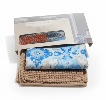 Ultimate 15-Piece Bath Collection with Decorative Shower Hooks and Rugs