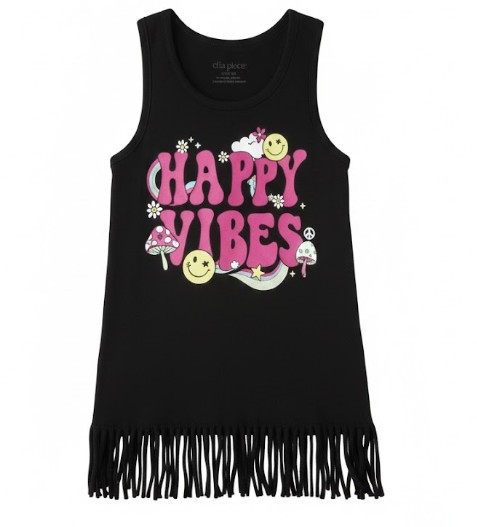 Girls Happy Vibes Fringe Tank Top - Black Size S (5/6)