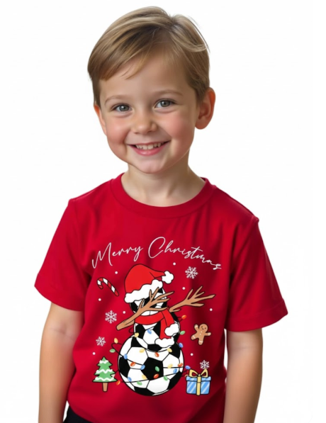 Boy's Red Festive Soccer Snowman Tee (6 year)