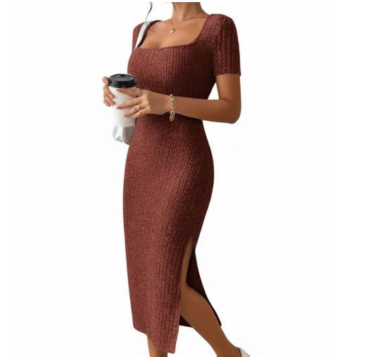 Square Neck Ribbed Knit Slit Midi Dress - Rust (Size Large)