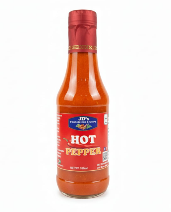 JD's Premium Hot Pepper Sauce (350ml) - Fiery Flavor, Sealed Fresh in a Classic Glass Bottle
