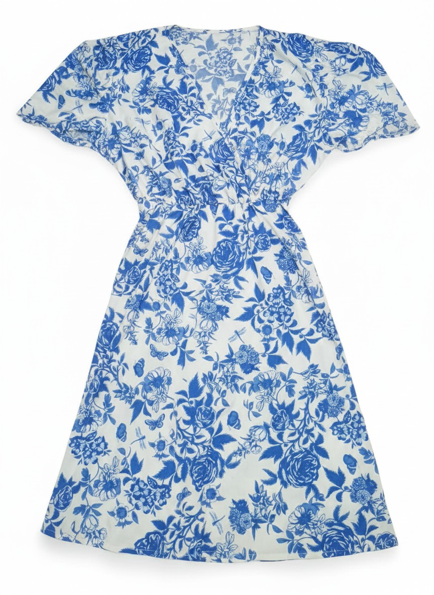 Blue and White Floral V-Neck Midi Dress - Size S
