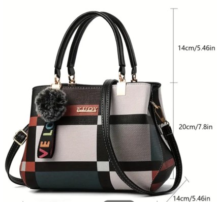 Plaid Fashion Tote Handbag with Pom-Pom Charm
