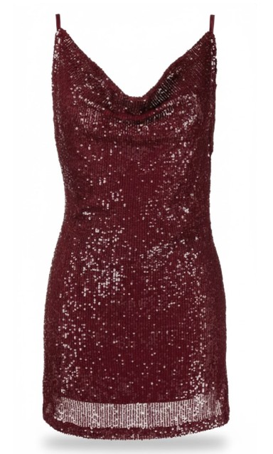Burgundy Sequin Cowl-Neck Mini Dress