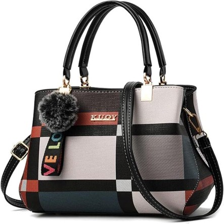 Plaid Fashion Tote Handbag with Pom-Pom Charm