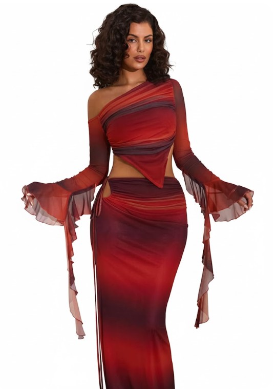 Sunset Ombre Cut-Out Skirt Set | One-Shoulder Mesh Top | Size M