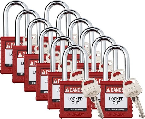Brady Safety Lockout Padlock Sets - 12 Pack - Red - Keyed Alike Safety Lockout Padlocks - 1 Key ...