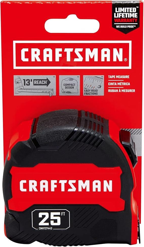 CRAFTSMAN 25-Ft Tape Measure with Fraction Marketing, Retractable, Manual-Locking Blade (CMHT37443S)