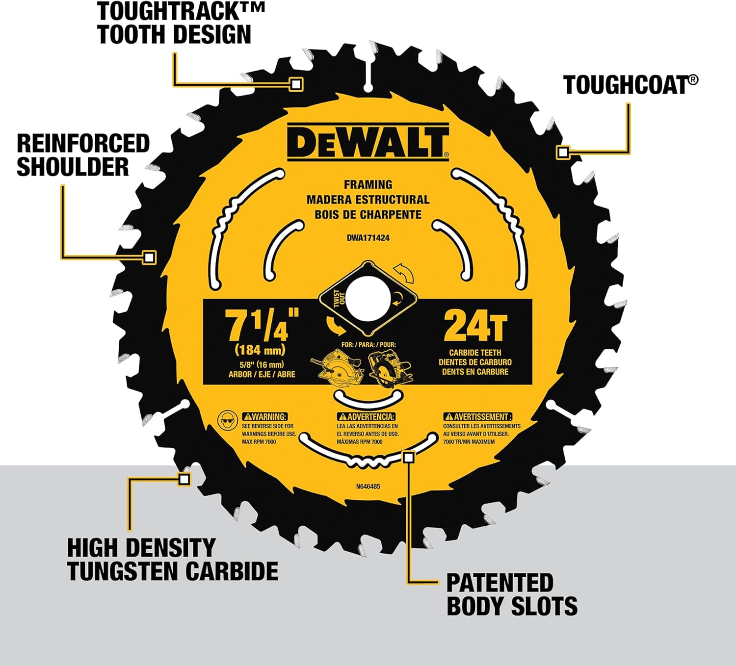 DEWALT Circular Saw Blade, 7 1/4 Inch, 24 Tooth, Wood Cutting (DWA171424B10)