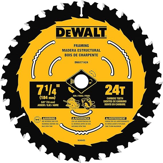 DEWALT Circular Saw Blade, 7 1/4 Inch, 24 Tooth, Wood Cutting (DWA171424B10)