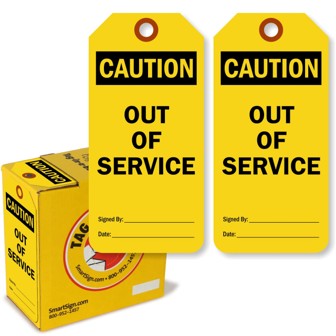 Caution - Out Of Service" Tag, Yellow And Black Vinyl Plastic, 2-Sided, 3" X 6.25", 10 Mil